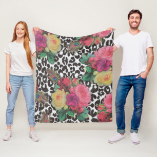 vintage elegante Blumen Gepard Pfau floral Fleecedecke