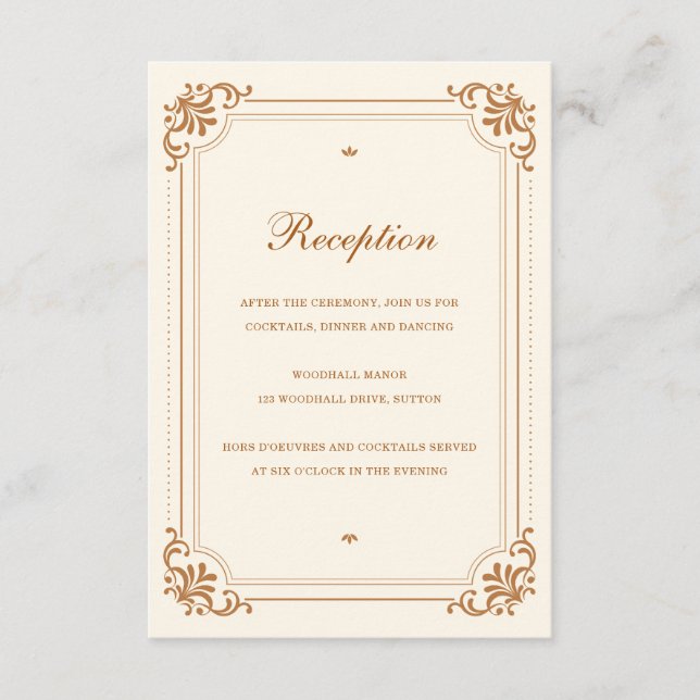 Vintage Elegante Empfang Kupfer Elfenbeinhochzeit Begleitkarte (Vorderseite)