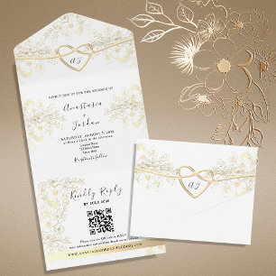 Vintage Elegante Florale Gold Herz Hochzeit All In One Einladung