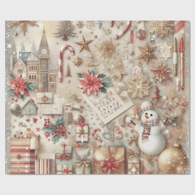 Vintage Elegante Gold Glitzer Weihnachtselemente Geschenkpapier (Flach)