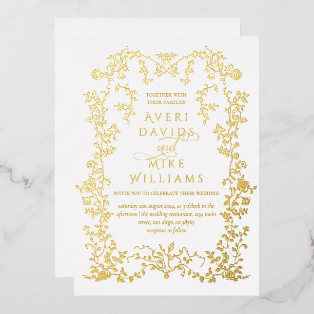 Vintage Elegante Goldene Blume Folieneinladung (Vorderseite/Rückseite)