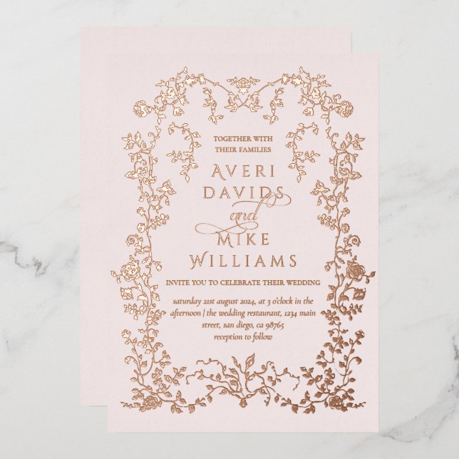 Vintage Elegante Goldene Blume Folieneinladung (Vorderseite/Rückseite)