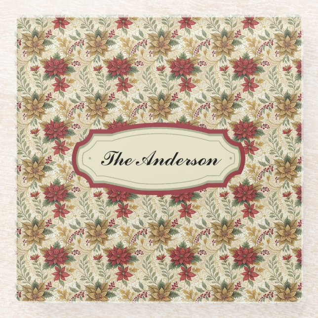 Vintage Elegante Rot & Gold Poinsettia Florenz Glasuntersetzer (Vorderseite)