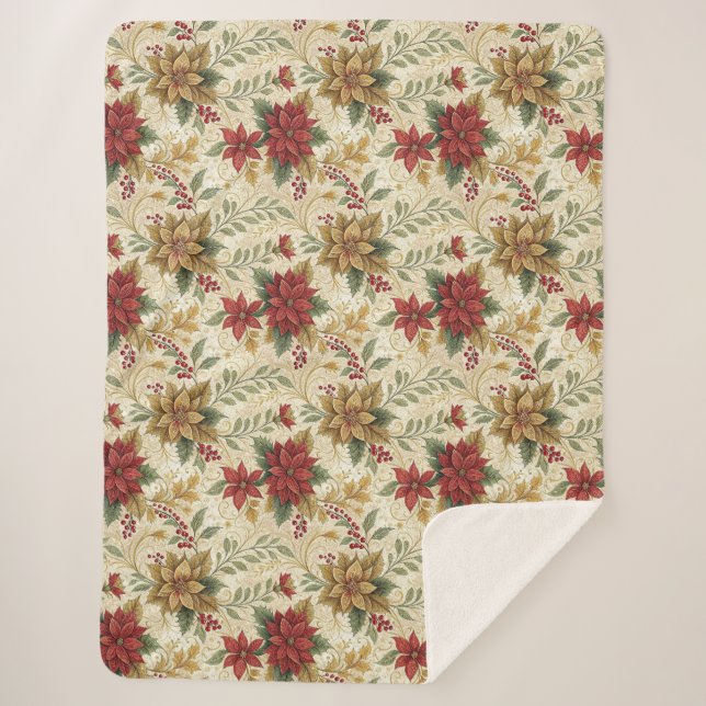 Vintage Elegante Rot & Gold Poinsettia Florenz Sherpadecke (Vorderseite)