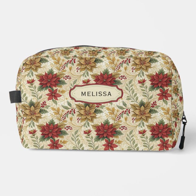 Vintage Elegante Rot & Gold Poinsettia Grosses Blu Waschbeutel (Vorderseite)