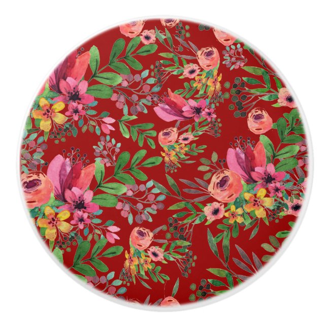 Vintage Elegante Rote Flora Keramik Pull Keramikknauf (Vorderseite)