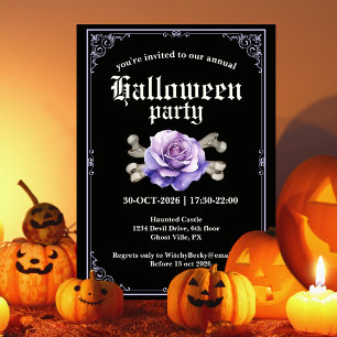 Vintage Elegante Schwarze Violette Rose Halloween- Einladung