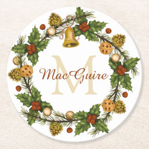 Vintage elegante Weihnachtskranz-Monogramm-Initial Runder Pappuntersetzer