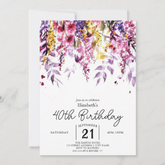 Vintage Elegante Wildblumen 40. Geburtstag Einladung