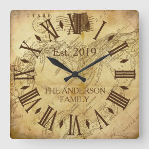 Vintage Eleganter Familienname Rustikal Römische Z Quadratische Wanduhr