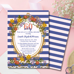 Vintage Elegantes Florales Gestreiftes Marineblau Einladung
