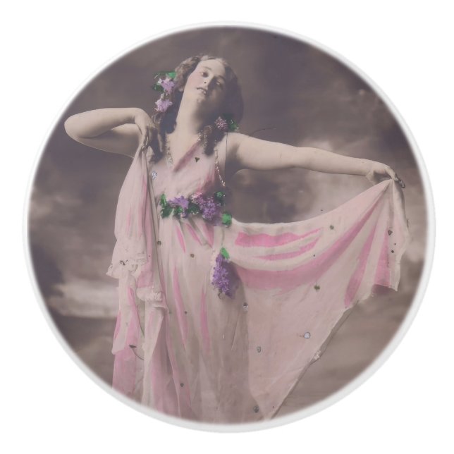 Vintage Eleganz in rosa, florales Kleid Keramikknauf (Vorderseite)