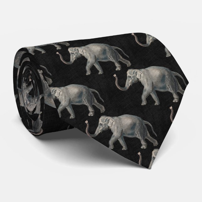 Vintage Elephant Pattern on Black Linen Krawatte (Gerollt)