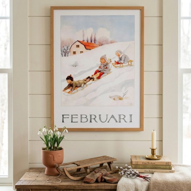 Vintage Elsa Beskow February Sledding Nursery Poster (Von Creator hochgeladen)