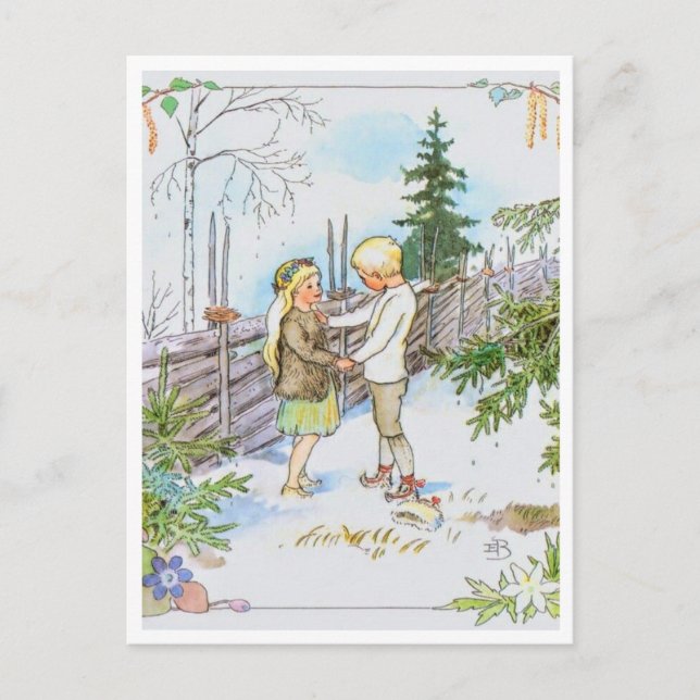 Vintage Elsa Beskow Schneekarte Postkarte (Vorderseite)