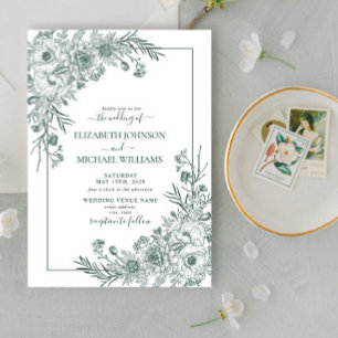 Vintage Emerald Floral Line Art Script Wedding Einladung