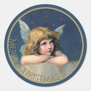 Vintage Engel Frohe Weihnachten Blau und Gold Runder Aufkleber