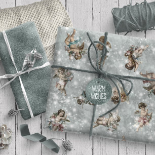 Vintage Engel Glittering Silver Sage ID136 Geschenkpapier