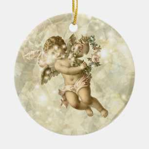 Vintage Engel Glitterndes Gold V3 ID136 Keramik Ornament