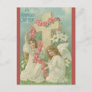 Vintage Engel mit einem Kreuz rosa Blumen Ostern Postkarte
