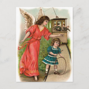 Vintage Engel Schutzengel Mädchen und Straßenbahn Postkarte
