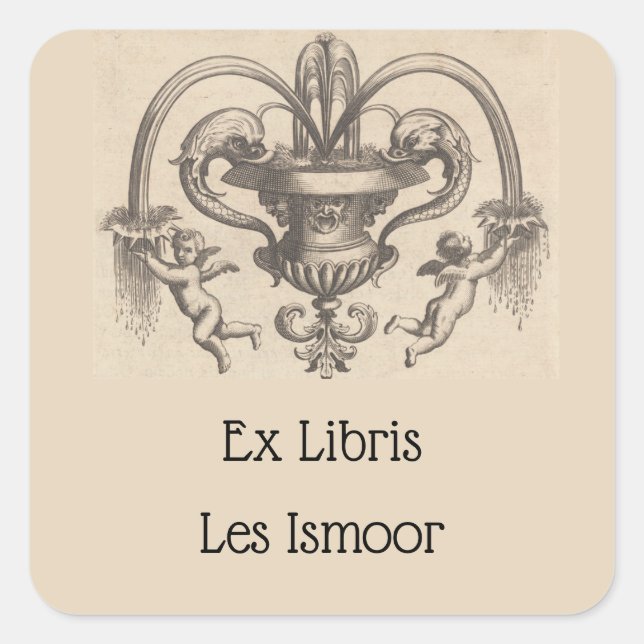 Vintage Engel und Fisch Fountain Buchzeichen Quadratischer Aufkleber (Vorderseite)