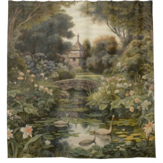 Vintage Englischer Garten Schwan Malerischer Wandb Duschvorhang