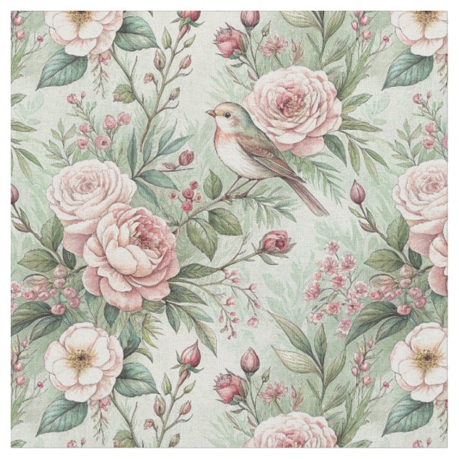 Vintage englischer Garten Vogel & Rose Blumenmuste Stoff (Nahaufnahme)