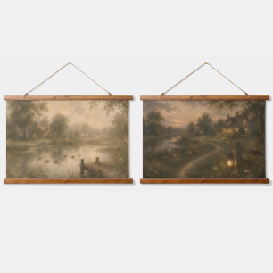 Vintage-Enten-Teich- und Abendwiese-Teppichgarnitu Wandteppich Mit Holzrahmen