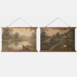 Vintage-Enten-Teich- und Abendwiese-Teppichgarnitu Wandteppich Mit Holzrahmen