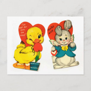Vintage-Enten- und Hasenkinder-Valentinskarte Postkarte