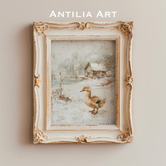 Vintage Entenmalerei Rustikale Schneelandschaft Poster