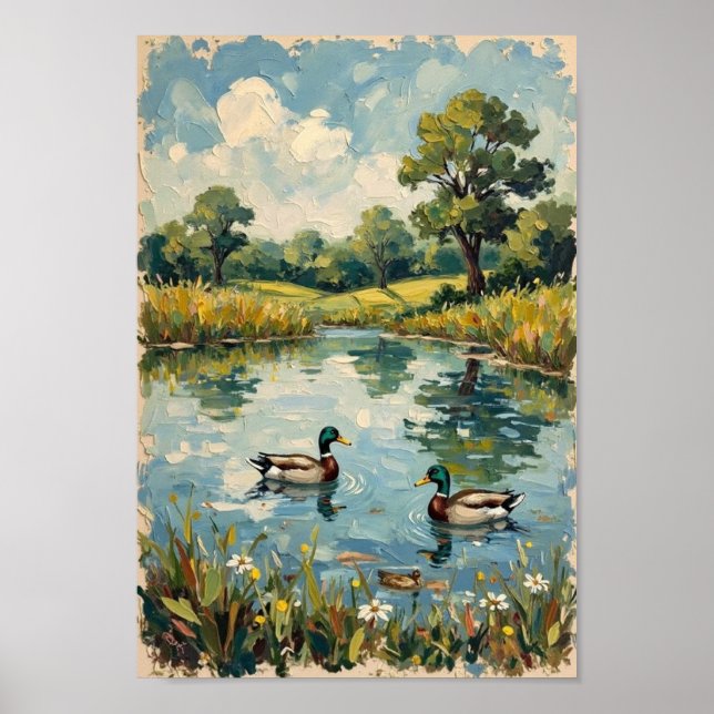 Vintage-Entenweiher-Landschaftskunst Poster (Vorne)