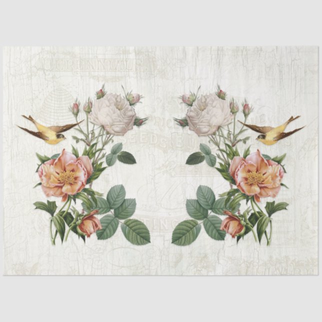 Vintage Ephemera Botanical Birds Blume Decoupage Seidenpapier (Vorderseite)