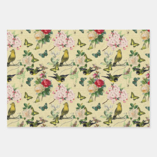 Vintage Ephemera Rose Schmetterlinge und Vogelmust Geschenkpapier Set