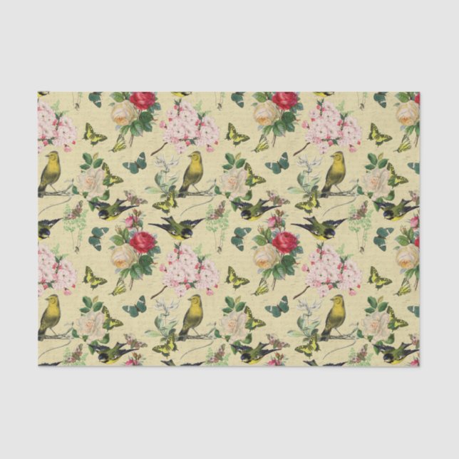 Vintage Ephemera Rose Schmetterlinge und Vogelmust Seidenpapier (Vorderseite)