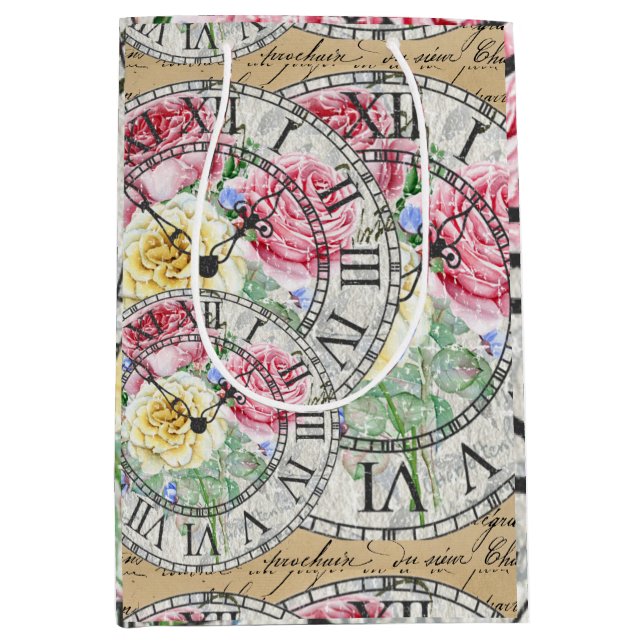 Vintage ephemera Uhren botanische Rose Mittlere Geschenktüte (Vorderseite)