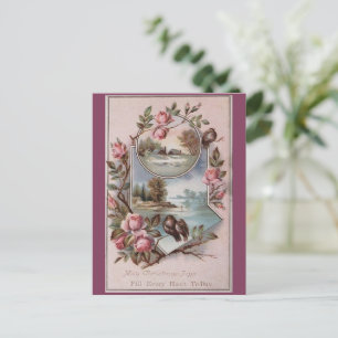 Vintage-Ephemera-Weihnachten-Vögel-Landschaft-Blum Feiertagspostkarte