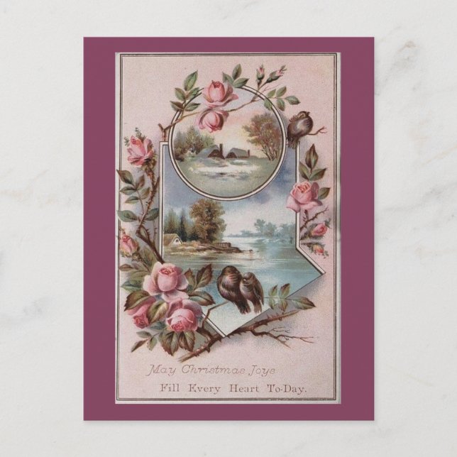 Vintage Ephemera Weihnachtsgeburten Landschaft Flo Feiertagspostkarte (Vorderseite)