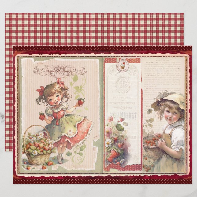 Vintage Erdbeer-Farm Scrapbook Papier (Vorne/Hinten)
