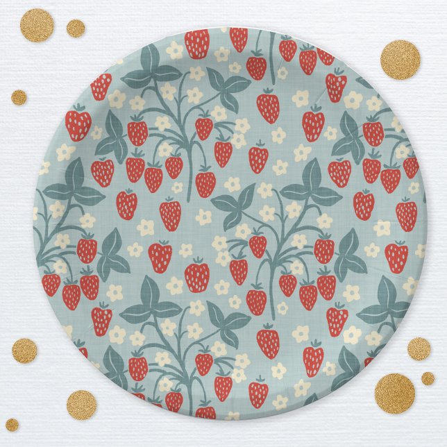 Vintage-Erdbeer-Pflanzenmuster Pappteller (Vintage style strawberry plant pattern party paper plates)