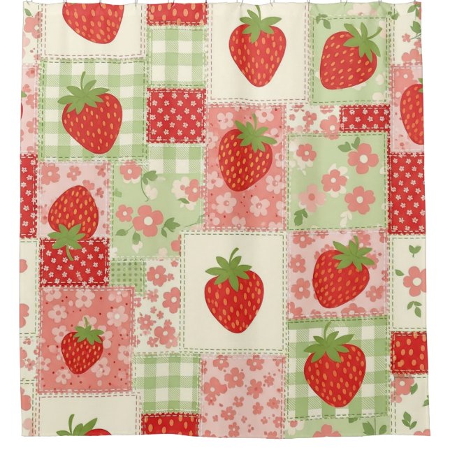 Vintage-Erdbeer-Picknick-Patchwork-Muster Duschvorhang (Vorderseite)