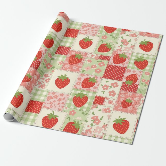 Vintage-Erdbeer-Picknick-Patchwork-Muster Geschenkpapier (Ungerollt)