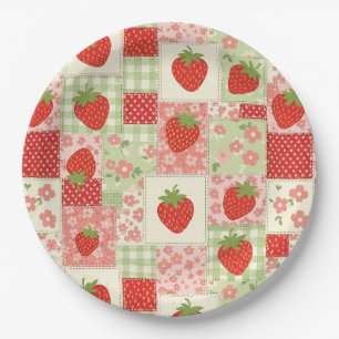 Vintage-Erdbeer-Picknick-Patchwork-Muster Pappteller