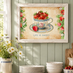 Vintage-Erdbeer-Teetassen-Cottagecore-Küche Poster