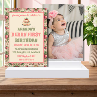 Vintage Erdbeere 1. Geburtstag Party Foto Einladung