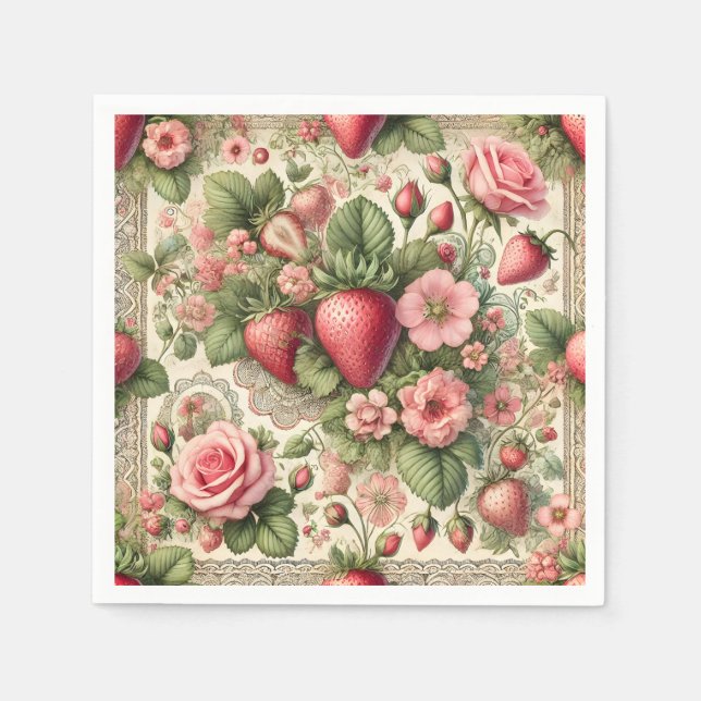 Vintage Erdbeere 1. Geburtstag Party Serviette (Vorderseite)