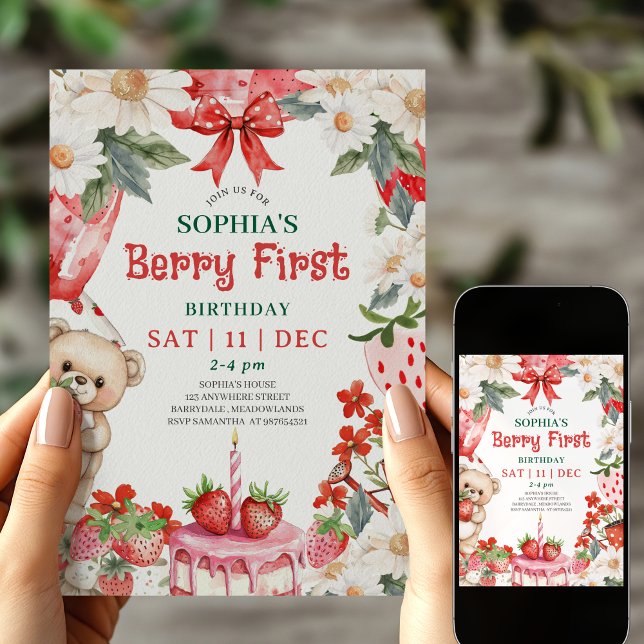 Vintage-Erdbeere Berry Erste Geburtstagseinladung Einladung (Von Creator hochgeladen)
