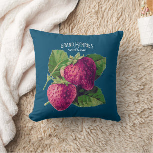 Vintage Erdbeere Berry Fügen Sie Ihren Namen Blau Kissen