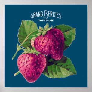 Vintage Erdbeere Berry Fügen Sie Ihren Namen Blau Poster